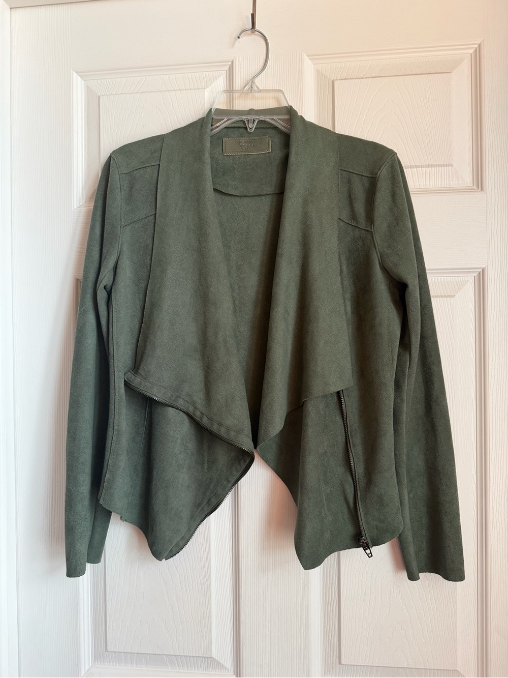 Drape Front Faux Suede Jacket - Olive Green